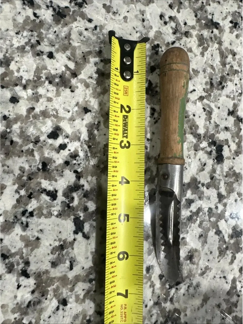 Vintage A & J Apple Corer, Potato Peeler, Green & Beige Wood Handle Primitive *